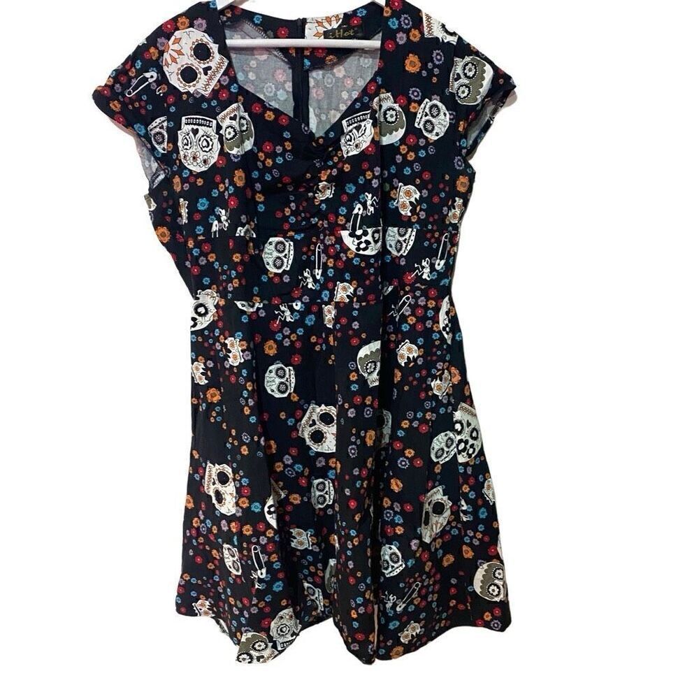I Hot Plus Size 4XL Black Fit & Flare Dress Skulls Y2K Grunge/Goth